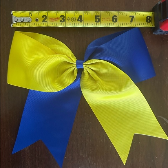 Cheer Bow Large Blue Gold Yellow Rubber Band Spirit Bow - Picture 3 of 5